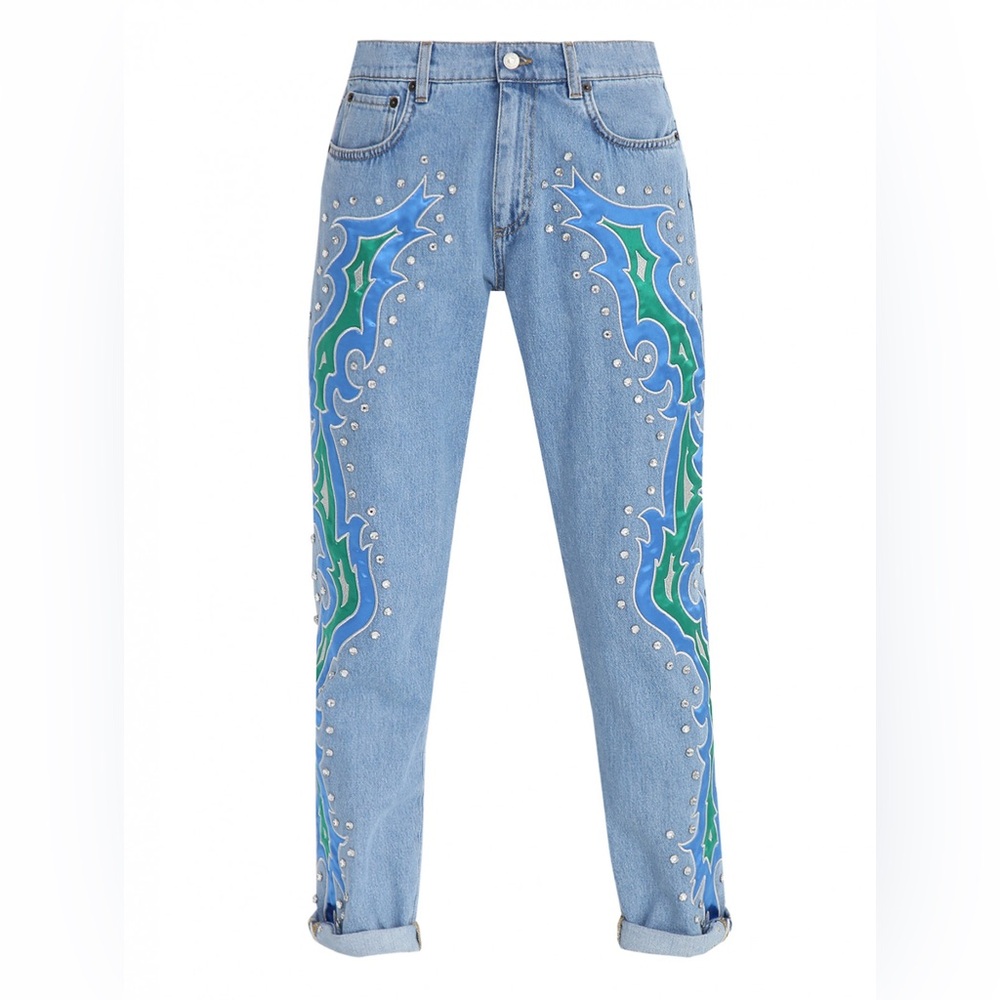 NWT Moschino Couture Jeans with Blue and green Satin Flames and Diamond Studs